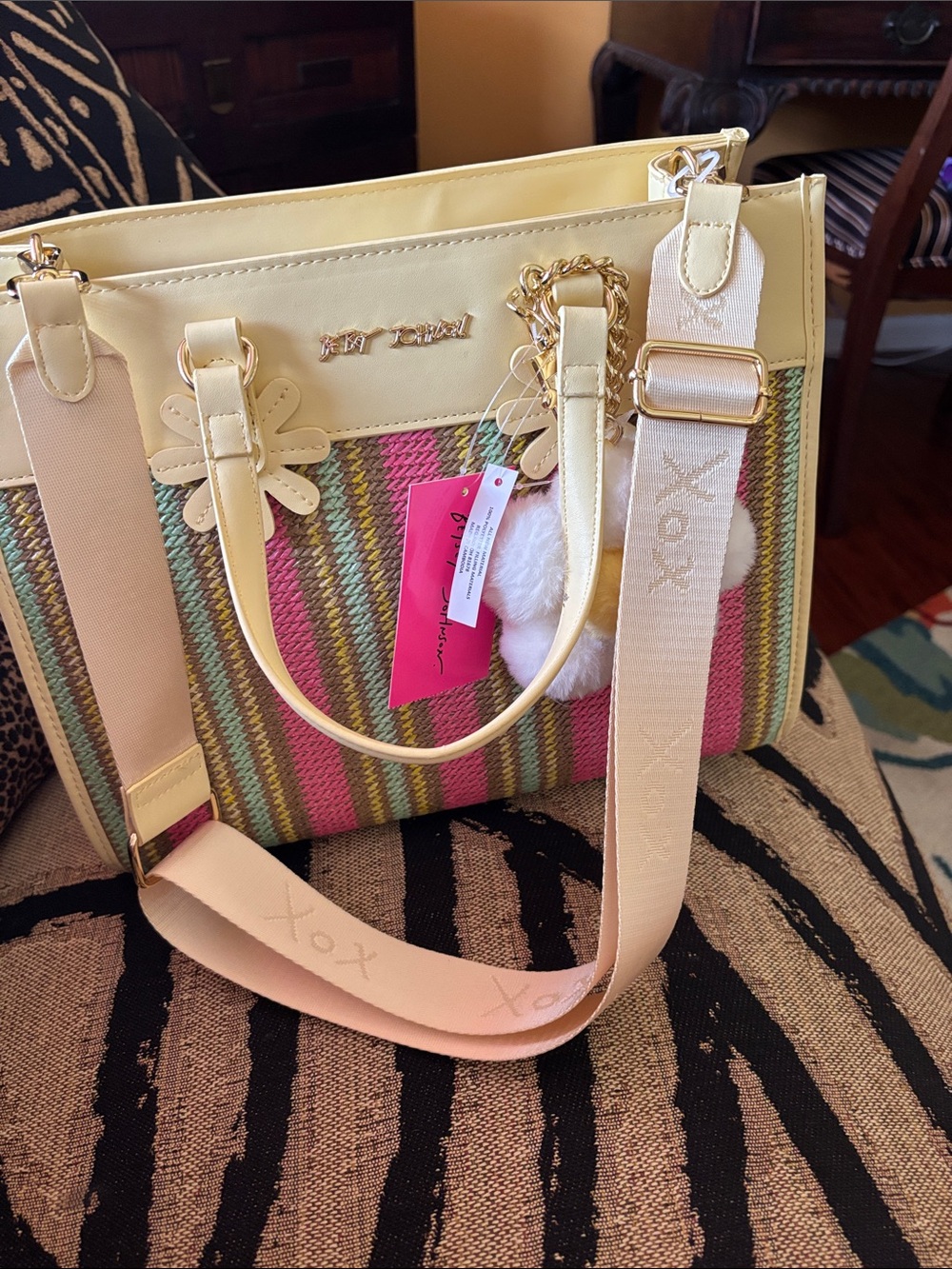 Yellow Multicolor Striped Tote Bag with Floral Charm - Picture 2 of 6